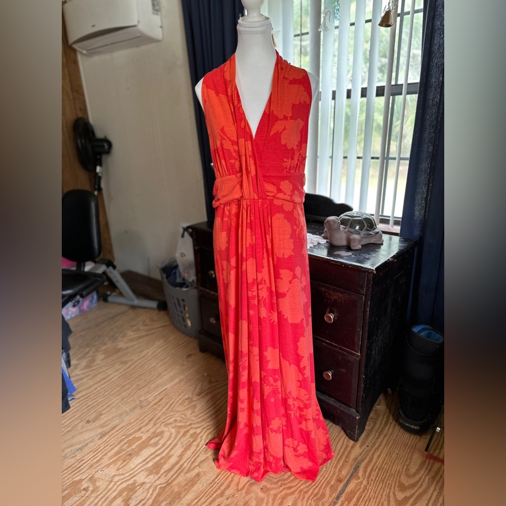 Orange & Red Vibrant Floral V-Neck Maxi Dress, XXL (20)